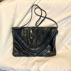 NOBLE HANDBAGS, INC. Embossed Leather Envelope Clutch - Shoulder Strap - Black